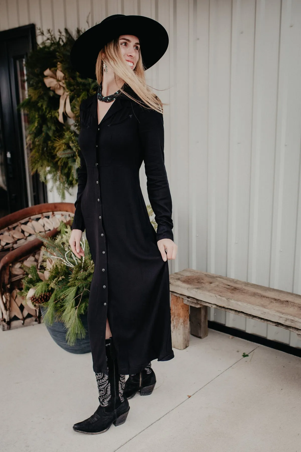 'Twill' Stetson Black Pearl Snap Maxi Dress (XS - XL)