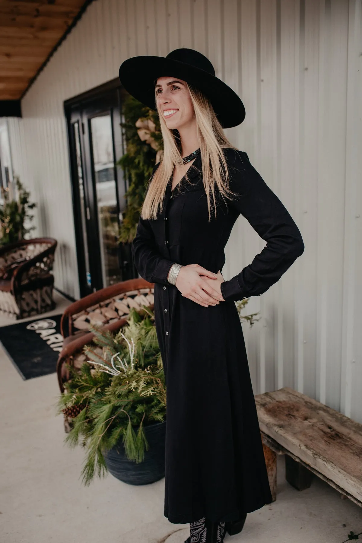 'Twill' Stetson Black Pearl Snap Maxi Dress (XS - XL)