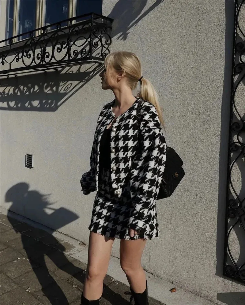 Tyra Houndstooth Blazer and Skirt Two Piece Set