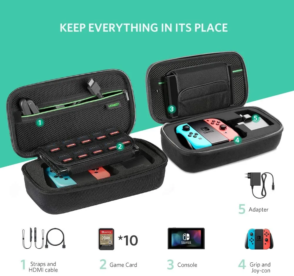 UGREEN Case for Nintendo Switch Portable Travel Carrying Case Shockproof Hard Shell Case Protective Bag Pouch with Carabiner for Switch Console and Accessories Black (Medium)