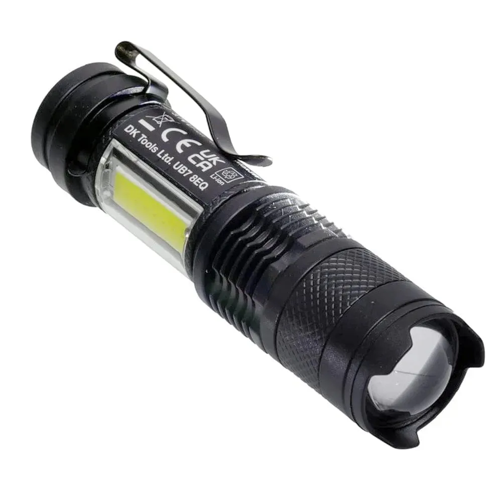 USB Rechargeable Torch Mini Pocket Flashlight COB LED Adjustable Beam & Strobe