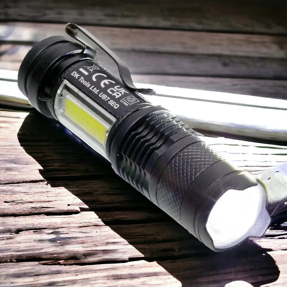 USB Rechargeable Torch Mini Pocket Flashlight COB LED Adjustable Beam & Strobe
