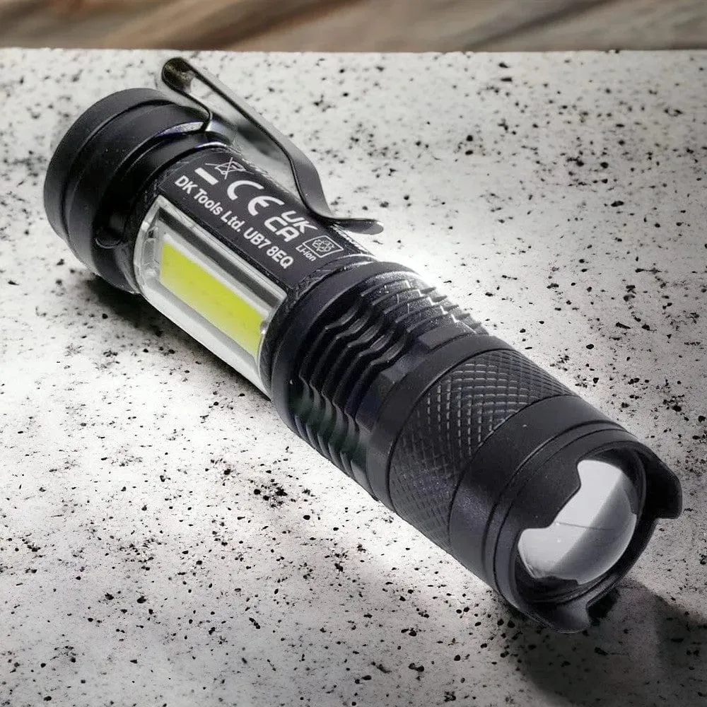 USB Rechargeable Torch Mini Pocket Flashlight COB LED Adjustable Beam & Strobe