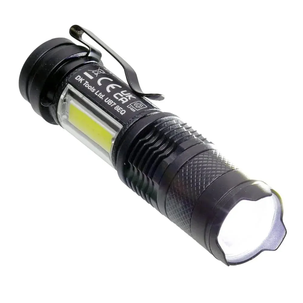 USB Rechargeable Torch Mini Pocket Flashlight COB LED Adjustable Beam & Strobe