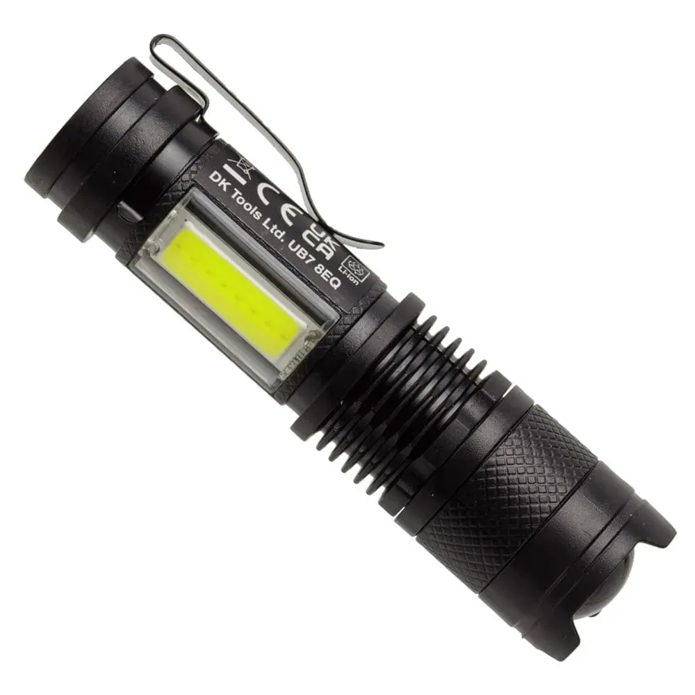 USB Rechargeable Torch Mini Pocket Flashlight COB LED Adjustable Beam & Strobe