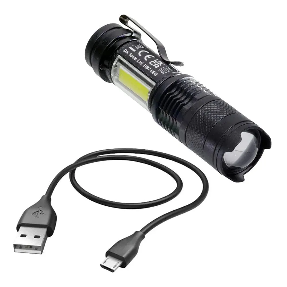 USB Rechargeable Torch Mini Pocket Flashlight COB LED Adjustable Beam & Strobe