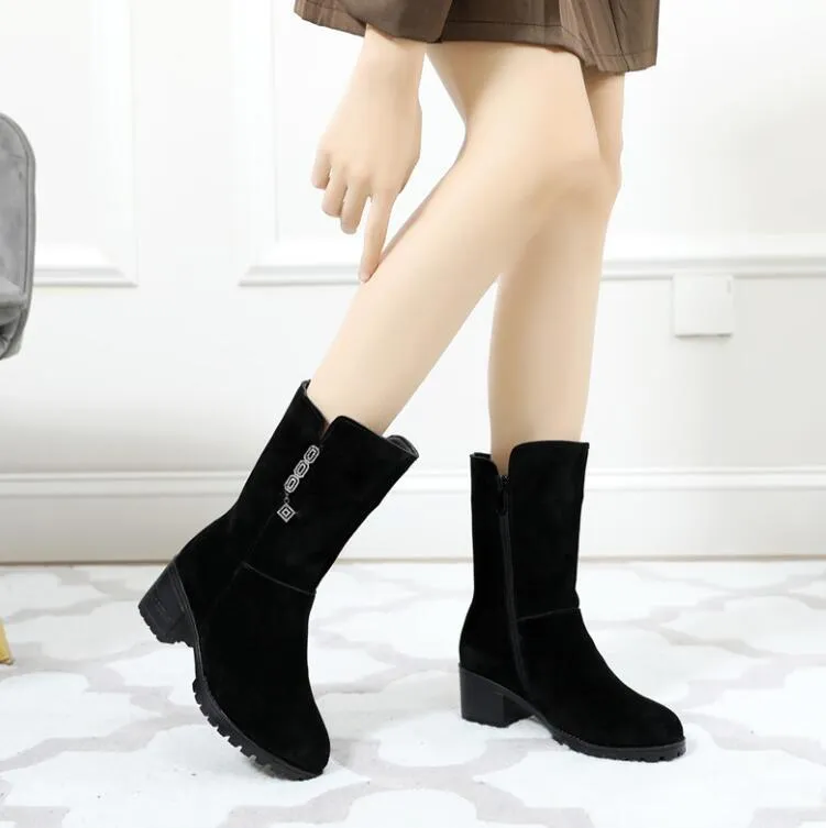 Womens Petite Suede Leather Mid Calf Boots DS31