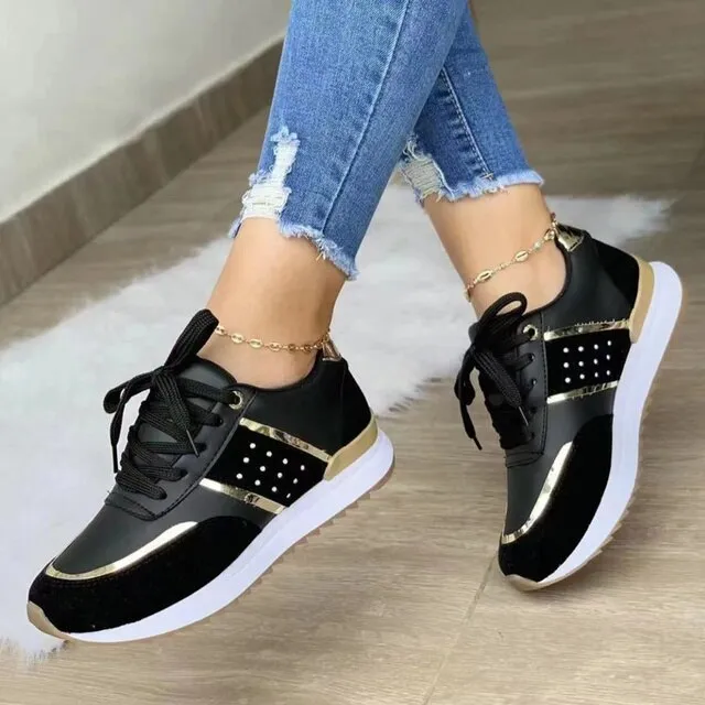 Women's Stylish Color Block Lace Up Sneakers with Gold/Silver Accent | Perfect for All Seasons