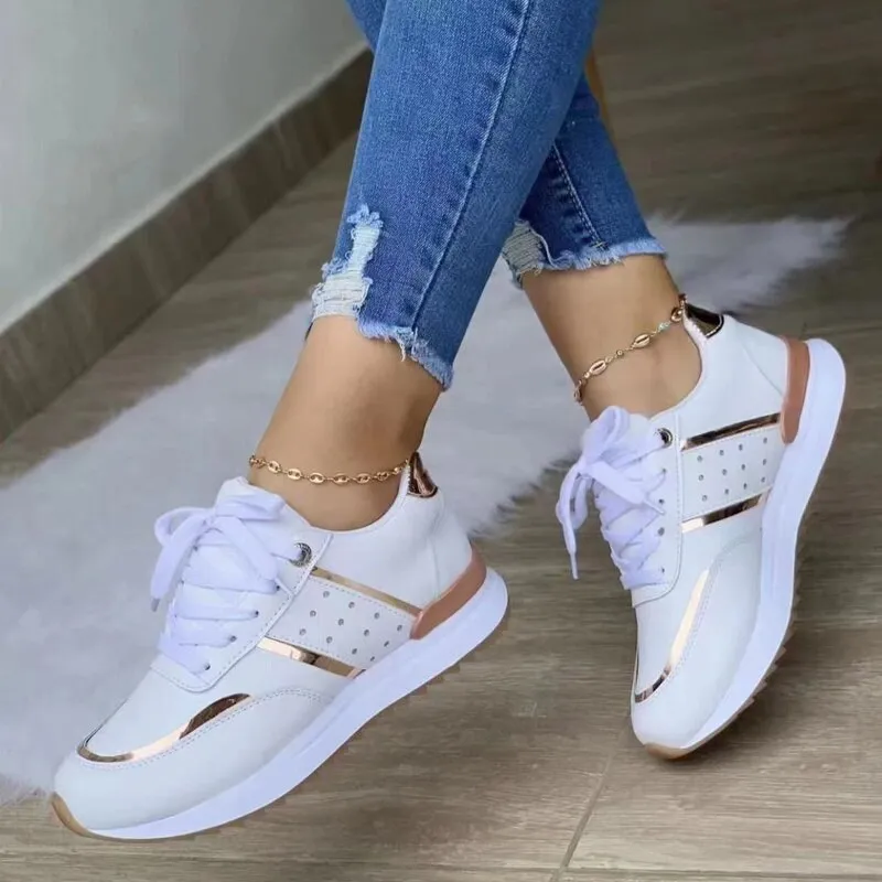 Women's Stylish Color Block Lace Up Sneakers with Gold/Silver Accent | Perfect for All Seasons