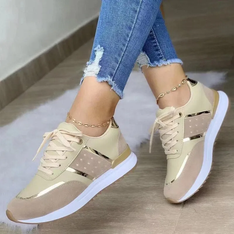 Women's Stylish Color Block Lace Up Sneakers with Gold/Silver Accent | Perfect for All Seasons