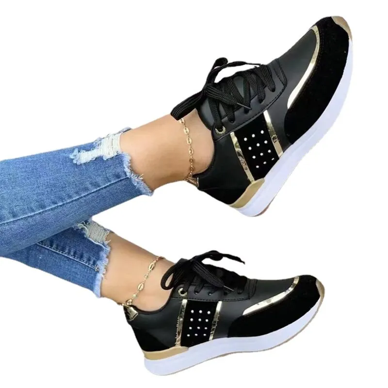 Women's Stylish Color Block Lace Up Sneakers with Gold/Silver Accent | Perfect for All Seasons