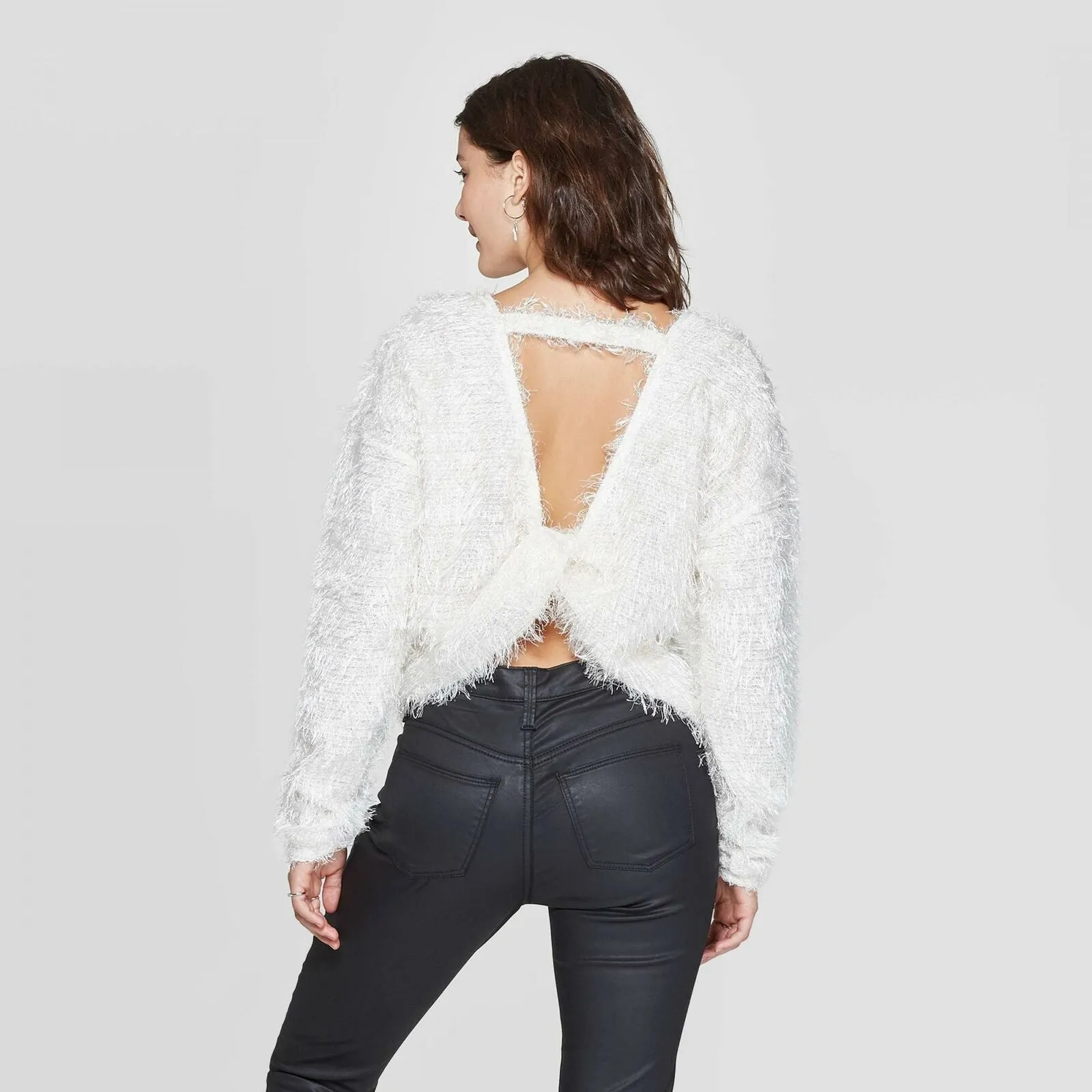Xhilaration Women's Crewneck Twist Back Sparkle Eyelash Sweater