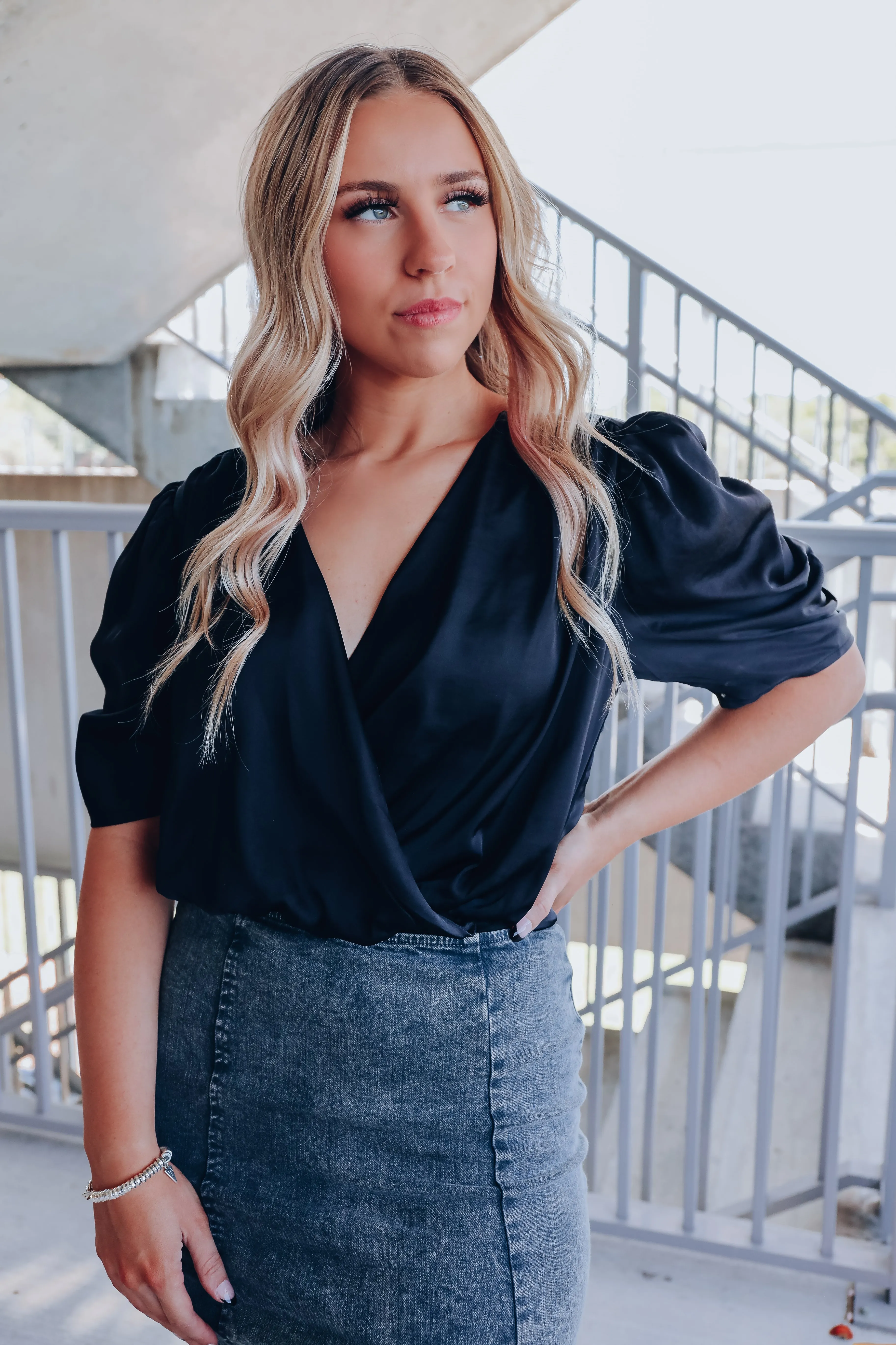 Zaitun Wrap Front Bodysuit - Black
